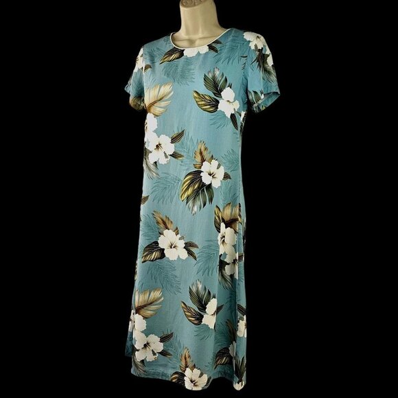 80s/90s Aloha Moi Hawaiian Dress A-Line Short sleeve Aqua Gardenia Print Women S - Picture 1 of 7